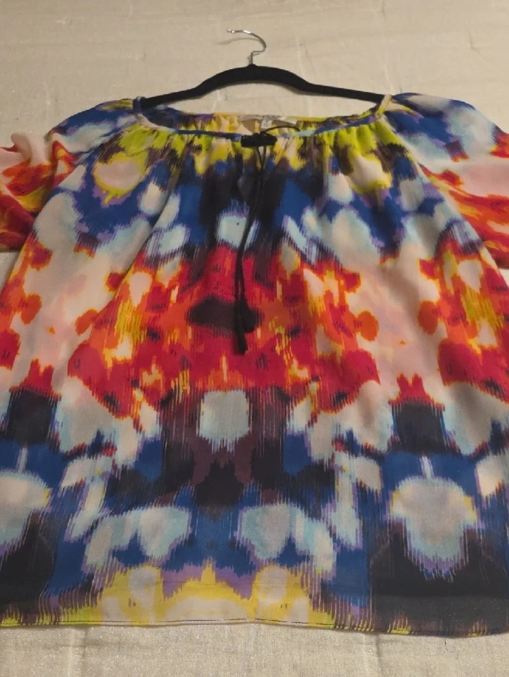 Milly Oversized S Multicolor Ikat-Print Peasant Blouse Yellow, Blue, Pink, Coral